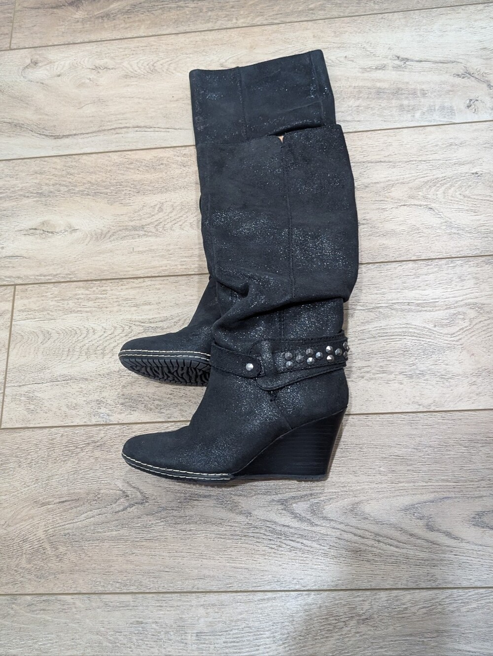 Women's Black Studded Wedge Knee-High Boots